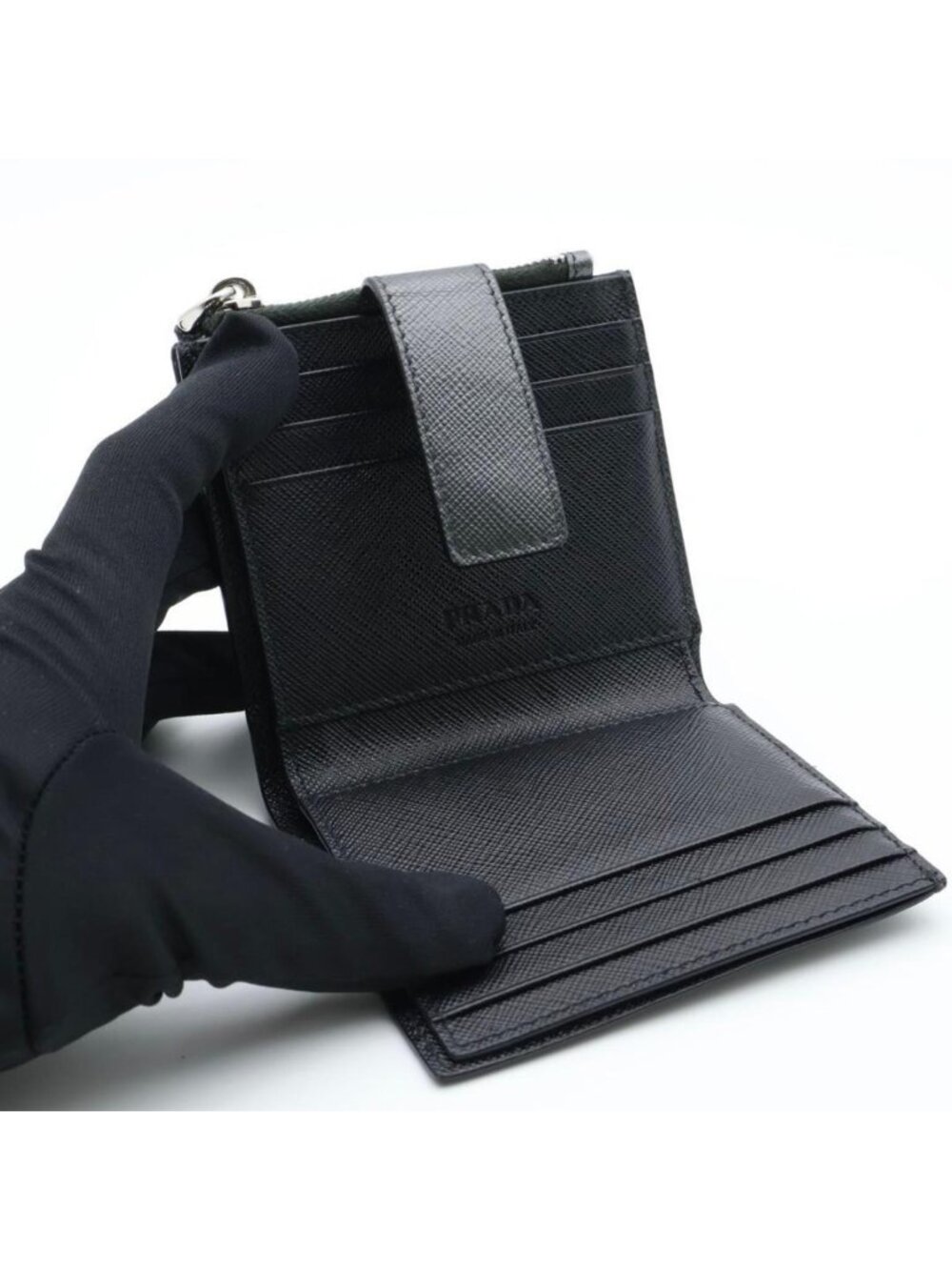 Prada Metal Logo Bifold Wallet Metallic Gray Black - Picture 3 of 10